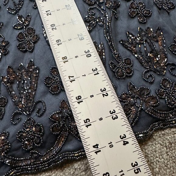 PISSARO NIGHTS Beaded Flapper Mesh Sheath Floral Dress Plus Size 14 W Navy Blue - Picture 3 of 6